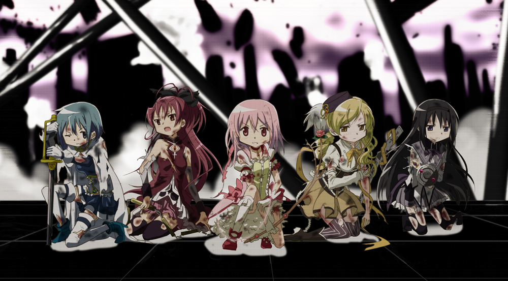 5girls akemi_homura akemi_homura_(magical_girl) antenna_hair back_bow bare_shoulders belt beret black_bow black_capelet black_corset black_footwear black_hair black_hairband black_hat black_thighhighs black_wrist_cuffs blonde_hair blood blood_on_face blue_belt blue_footwear blue_gemstone blue_hair blue_shirt blue_skirt blue_sleeves boots bow bow_(weapon) bowtie brown_thighhighs bubble_skirt buttons cape capelet center_frills chest_jewel choker city cleavage_cutout closed_mouth clothing_cutout cloud cloudy_sky collared_capelet collared_dress collared_shirt commentary_request corset cross cross-laced_footwear cross_print debris defeat detached_sleeves determined dot_nose dress drill_hair fleur-de-lis flower footwear_bow frilled_dress frilled_skirt frilled_sleeves frilled_socks frills frown full_body fumiko_(mesushi) furrowed_brow gem gloves grey_slingshot_swimsuit gun hair_bow hair_down hair_flower hair_ornament hairband hairpin hand_jewel hand_on_own_arm hat hat_feather high_collar high_heel_boots high_heels high_ponytail holding holding_bow_(weapon) holding_sword holding_weapon injury juliet_sleeves kaname_madoka kaname_madoka_(magical_girl) knee_boots kneehighs kneeling light_frown long_hair long_sleeves magic magical_girl magical_musket mahou_shoujo_madoka_magica mahou_shoujo_madoka_magica_(anime) mary_janes miki_sayaka miki_sayaka_(magical_girl) miniskirt multiple_girls nunchaku official_style on_one_knee one-eyed open_mouth orange_gemstone outdoors petticoat pink_dress pink_eyes pink_gemstone pink_hair pink_skirt pleated_skirt ponytail puffy_long_sleeves puffy_short_sleeves puffy_sleeves purple_bow purple_capelet purple_eyes purple_gemstone purple_skirt red_bow red_choker red_dress red_eyes red_footwear red_hair ribbon ruins sakura_kyoko sakura_kyoko_(magical_girl) shield shirt shoes short_dress short_sleeves sitting skirt skirt_under_dress sky sleeveless sleeveless_dress socks square_neckline stomach_jewel striped_clothes striped_thighhighs sword tareme thigh_belt thigh_boots thigh_strap thighhighs tile_floor tiles tomoe_mami tomoe_mami_(magical_girl) torn_clothes torn_footwear torn_shirt torn_skirt torn_sleeves tsurime twin_drills two-tone_capelet two-tone_shirt vertical-striped_clothes vertical-striped_thighhighs very_long_hair waist_bow wariza wavy_hair weapon white_cape white_dress white_gloves white_shirt white_skirt white_sleeves white_socks white_thighhighs wrist_cuffs yellow_bow yellow_bowtie yellow_eyes yellow_ribbon yellow_skirt
