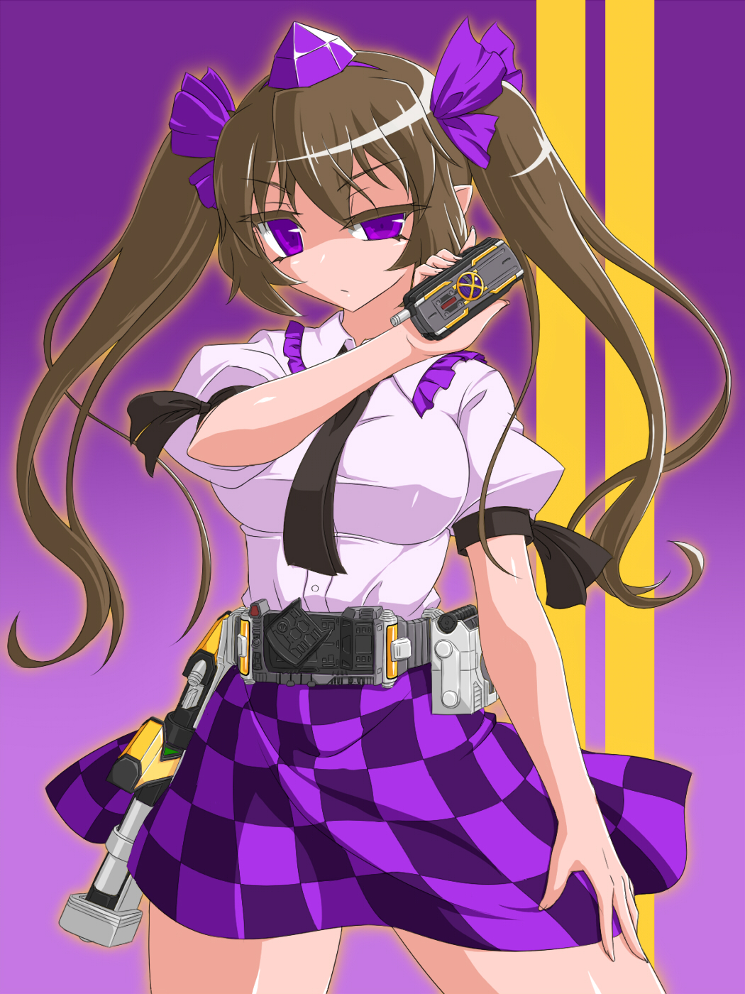 1girl bad_id belt black_wings bow breasts brown_hair cellphone checkered_clothes checkered_skirt crossover female_focus hair_bow hair_ribbon hat henshin henshin_pose highres himekaidou_hatate kamen_rider kamen_rider_555 kamen_rider_kaixa long_hair looking_at_viewer necktie parody phone purple_eyes ribbon rider_belt skirt solo square-end_necktie standing touhou tsukushi_(741789) twintails weapon wings