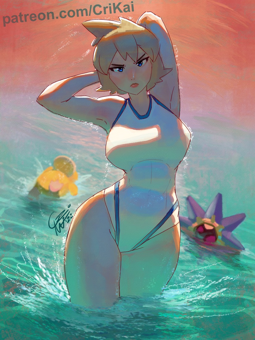 1girl abs armpits blue_eyes breasts competition_swimsuit cowboy_shot crimson_kaiserin curvy gen_1_pokemon large_breasts legs looking_at_viewer misty_(pokemon) muscular nintendo one-piece_swimsuit orange_hair pokemon pokemon_hgss psyduck short_hair smile solo standing starmie swimsuit thick_thighs thighs water white_one-piece_swimsuit wide_hips