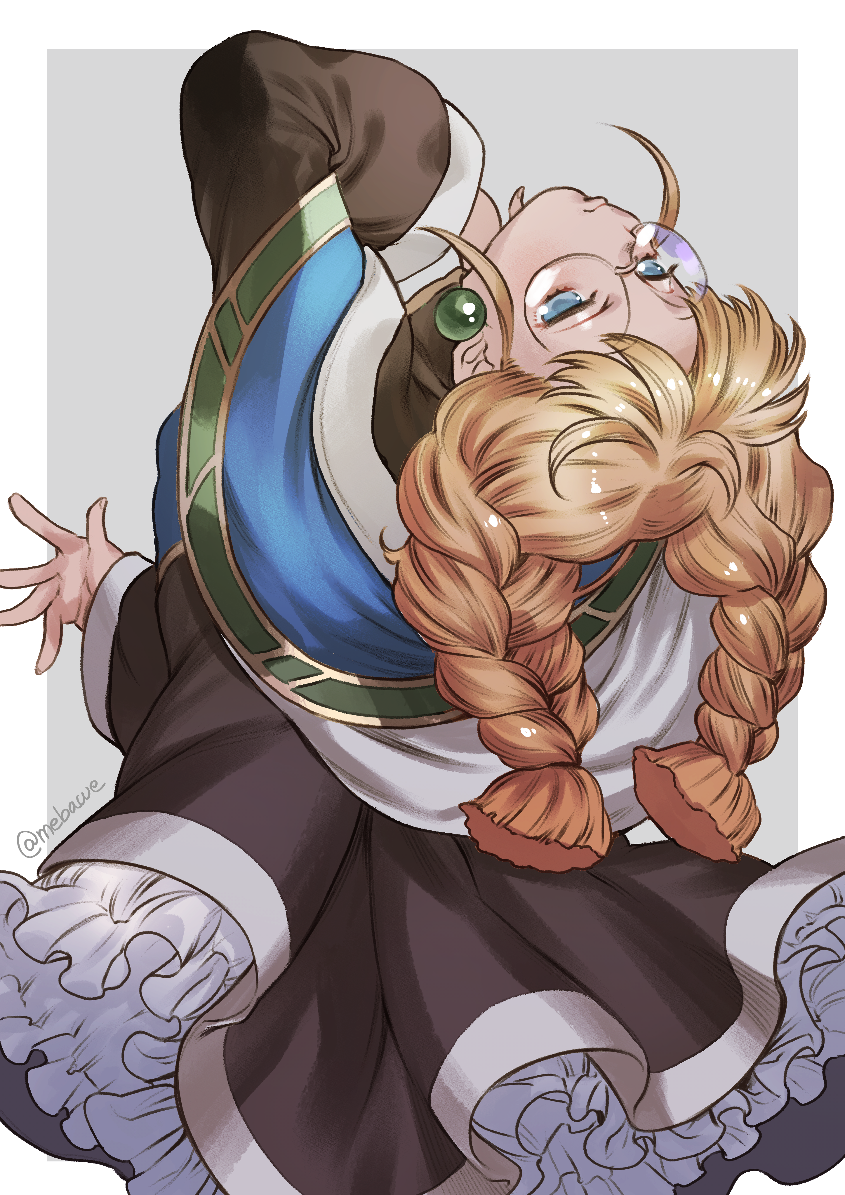1girl absurdres artist_name black_dress blue_cape blunt_ends border braided_twintails cafe_artful cape closed_mouth commentary_request dress earrings feet_out_of_frame glasses grey_background hayasaka head_back highres jewelry long_dress long_hair long_sleeves multicolored_cape no_pupils orange_hair parted_bangs pearl_earrings petticoat rance_(series) round_eyewear simple_background solo white_border white_cape