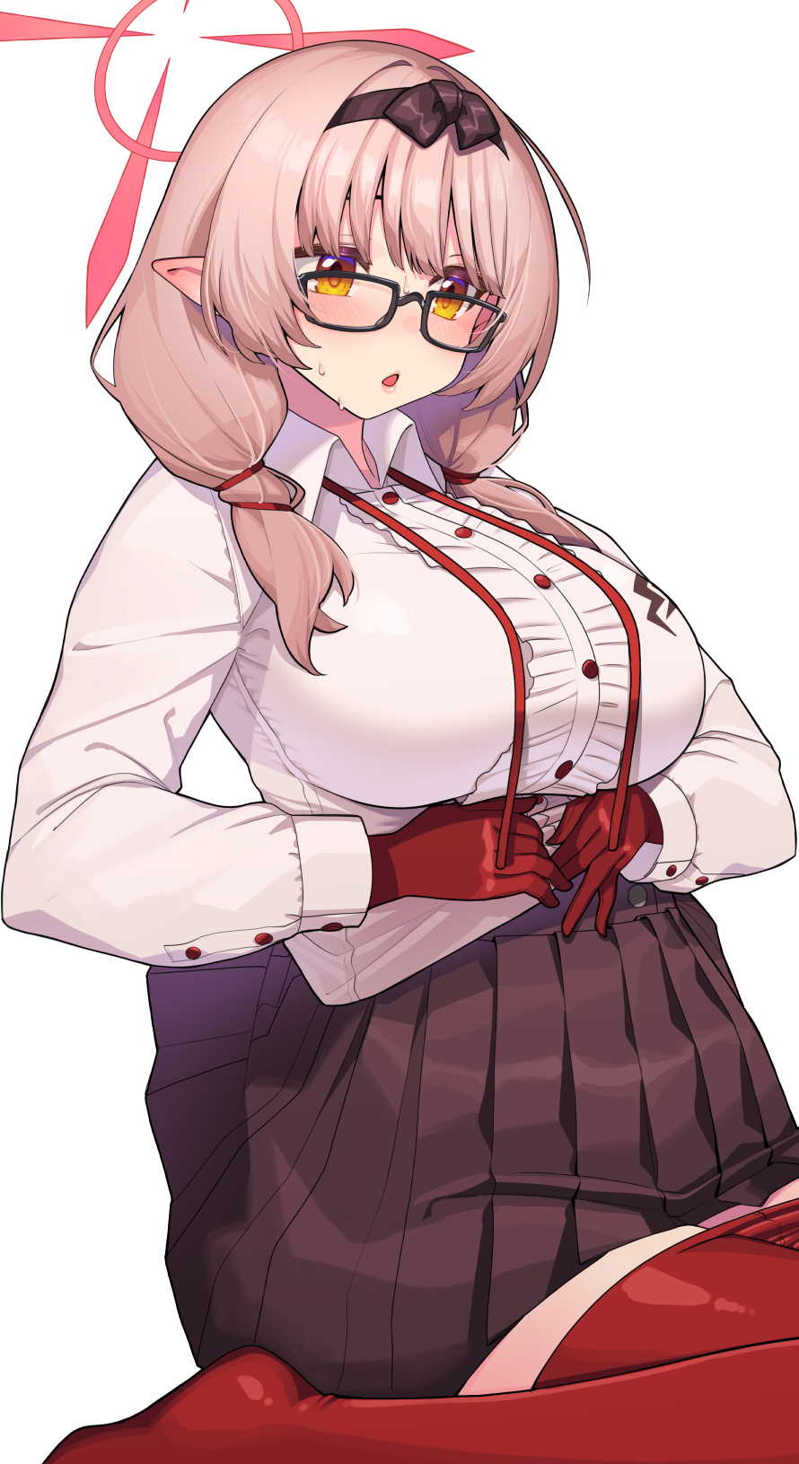 blue_archive breasts chinatsu_(blue_archive) glasses gloves halo highres large_breasts light_brown_hair miniskirt red_gloves red_thighhighs santa_(sunflower) shirt sitting skirt thighhighs twitter white_background white_shirt yellow_eyes