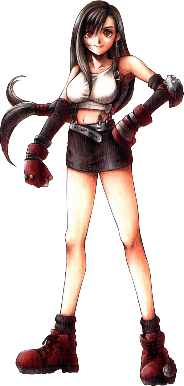 1girl belt black_hair black_skirt black_socks breasts brown_eyes earrings final_fantasy final_fantasy_vii gloves hand_on_own_hip highres jewelry large_breasts long_hair long_legs looking_at_viewer miniskirt nomura_tetsuya official_art shirt shoes skirt smile socks square_enix standing suspender_skirt suspenders tank_top tifa_lockhart white_background white_shirt
