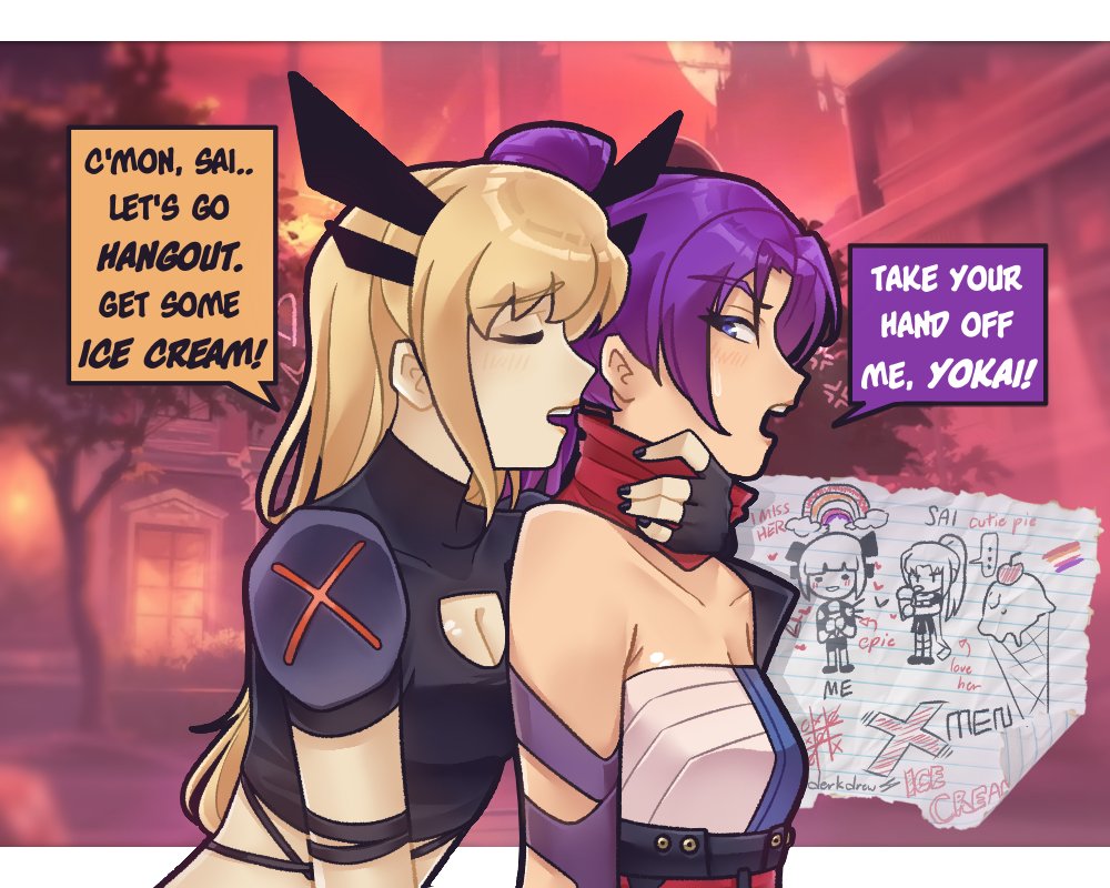 2girls black_gloves blonde_hair breasts cleavage_cutout clothing_cutout crop_top derkdrew124 elbow_gloves food gloves holding ice_cream japanese_clothes kimono long_hair magik_(x-men) marvel marvel_rivals midriff multiple_girls ponytail psylocke psylocke_(sai) purple_eyes purple_hair sarashi sash scarf superhero_costume x-men