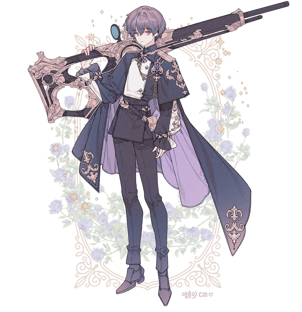 1boy belt black_belt black_capelet black_pants black_shoes capelet chain commentary commission double-parted_bangs floral_background flower full_body gem gold_embroidery gun hair_between_eyes holding holding_gun holding_weapon lemon89h looking_at_viewer male_focus original pants purple_brooch purple_eyes purple_flower purple_gemstone purple_hair purple_rose rifle rococo_movement rose shoes short_hair sniper_rifle solo weapon