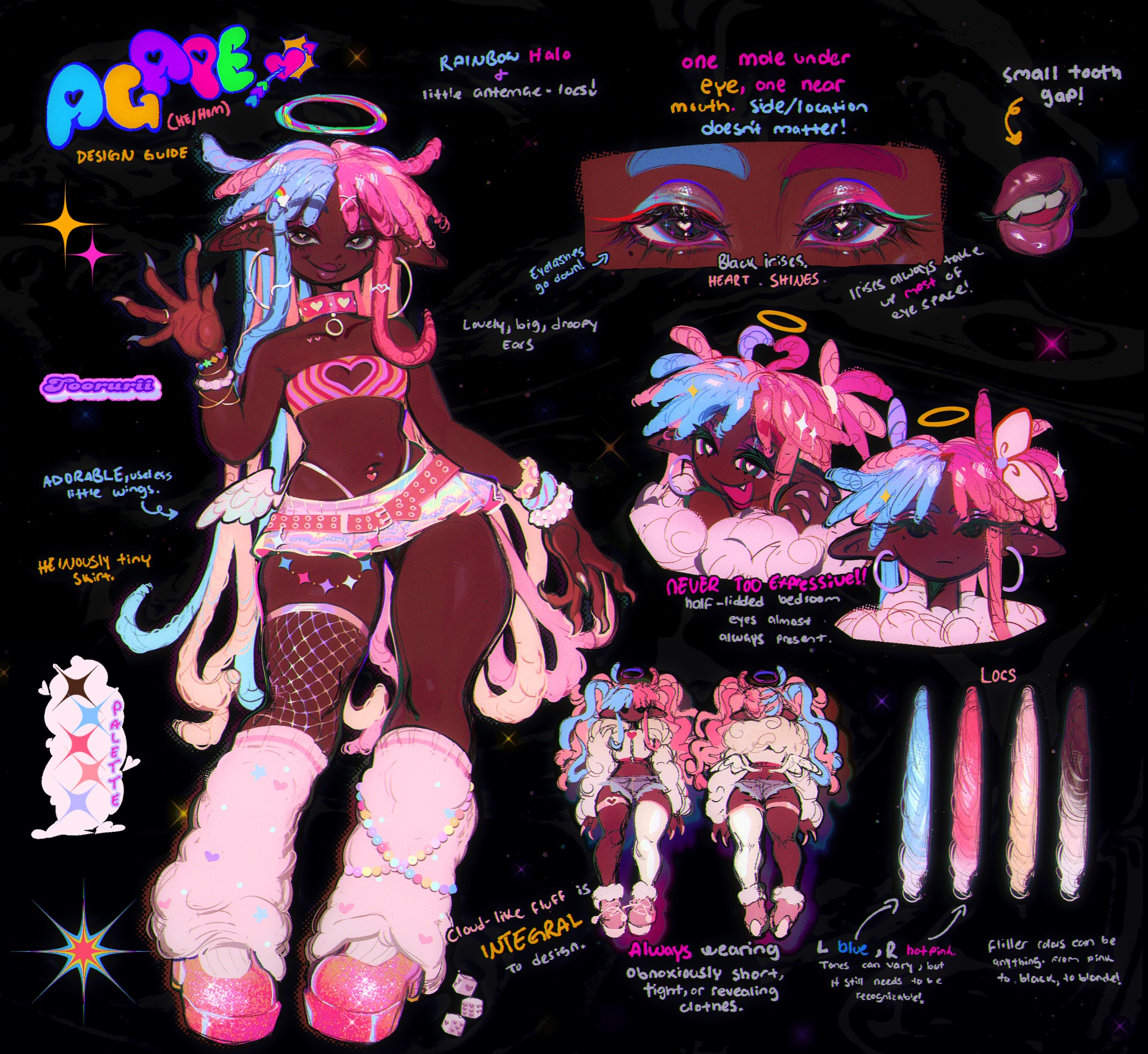 1boy agape_(tourii) bead_bracelet beads belt black_background blue_hair bracelet clothing_cutout collar commentary dark-skinned_male dark_skin dreadlocks english_commentary english_text eyeshadow fashion fishnet_thighhighs fishnets glitter halo heart_cutout highres holographic_clothing jewelry long_hair looking_at_viewer loose_socks makeup male_focus midriff multicolored_eyes multiple_views original pink_belt pink_collar pink_hair pink_shoes pink_tube_top pointy_ears raver reference_sheet scrunchie shoes simple_background single_thighhigh skirt socks solo standing strapless thick_thighs thighhighs thighs thong tooth_gap torurii trap tube_top very_dark_skin very_long_hair white_socks