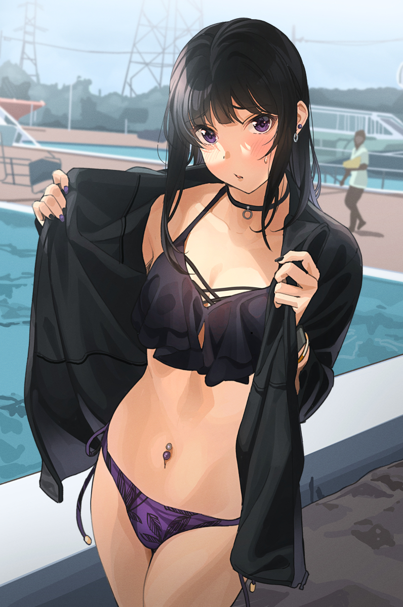 1girl bikini bikini_under_clothes black_bikini black_hair black_jacket black_nails blush breasts commentary_request cowboy_shot day earrings hands_up highres jacket jewelry long_hair looking_at_viewer mismatched_bikini nail_polish navel_piercing open_clothes open_jacket original outdoors piercing pool poolside purple_bikini purple_eyes side-tie_bikini_bottom small_breasts solo_focus standing swimsuit tipii