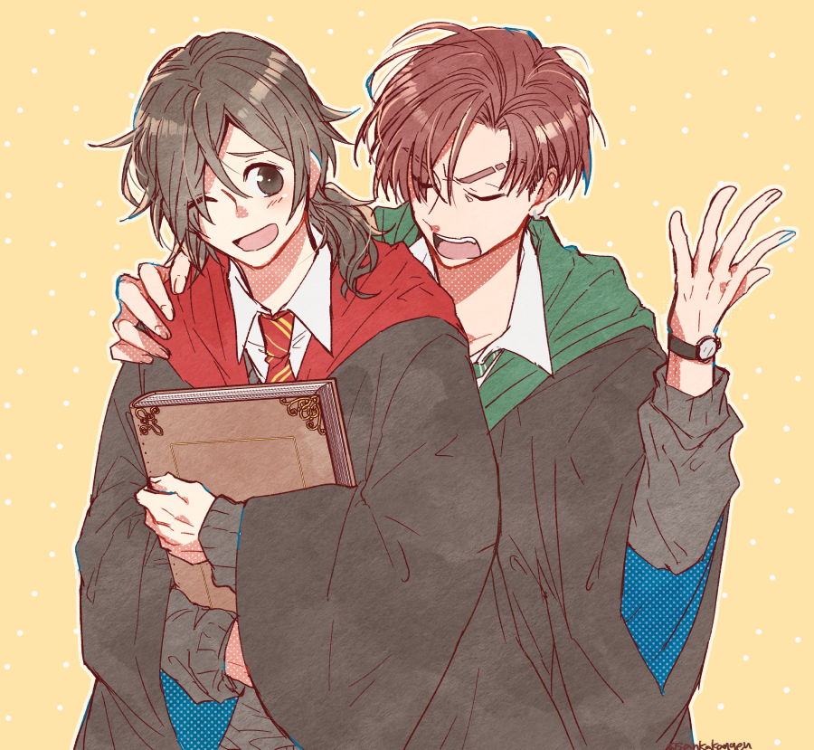 2boys ;d black_eyes black_hair black_robe book brown_hair collared_shirt eyebrow_cut fate/grand_order fate_(series) green_necktie grey_sweater gryffindor hair_over_one_eye hand_on_another&#039;s_shoulder hand_up harry_potter_(series) hogwarts_school_uniform holding holding_book hugging_object long_hair looking_at_another low_ponytail male_focus masaki_(star8moon) multiple_boys necktie one_eye_closed open_hand open_mouth polka_dot polka_dot_background ponytail red_necktie robe sakamoto_ryouma_(fate) school_uniform scowl shirt short_hair slytherin smile striped_necktie sweater takasugi_shinsaku_(fate) takasugi_shinsaku_(first_ascension)_(fate) teeth upper_body upper_teeth_only watch white_shirt wizarding_world wristwatch yellow_background