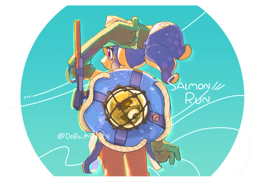 1girl blue_hair doro_mizu_831 gloves golden_egg_(splatoon) green_gloves hat lifebuoy nintendo octoling octoling_girl octoling_player_character pink_eyes ponytail salmon_run_(splatoon) solo splatoon_(series) swim_ring tentacle_hair waka-chan_(doro_mizu_831)