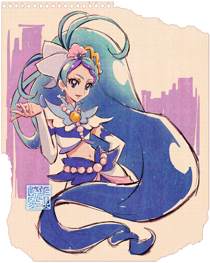 1girl arm_behind_back artist_logo beads blue_collar blue_eyes blue_hair blue_shirt blue_skirt braid collar cropped_legs cure_mermaid detached_sleeves earrings gem go!_princess_precure gradient_hair hand_up jewelry kaidou_minami kamikita_futago logo long_eyelashes long_hair looking_at_viewer magical_girl marker_(medium) multicolored_background multicolored_hair navel open_mouth outstretched_hand pearl_(gemstone) precure purple_background shell shell_earrings shirt single_braid skirt sleeveless sleeveless_shirt smile solo tiara traditional_media very_long_hair vest wavy_hair white_sleeves white_vest