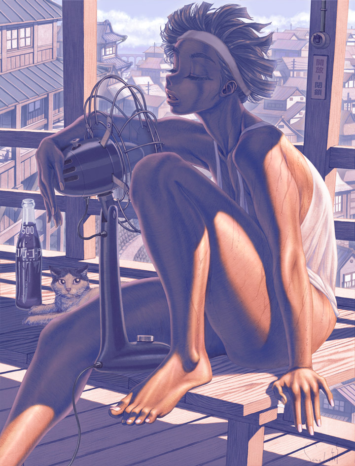 1girl arm_support barefoot bottle bottomless cat cityscape closed_eyes cloud coca-cola dark-skinned_female dark_skin electric_fan fanning_face feet female_focus hand_fan headband knee_up open_mouth original same_(carcharodon) sepia shade short_hair signature sitting sky slice_of_life solo sunlight sweat town wind wooden_floor