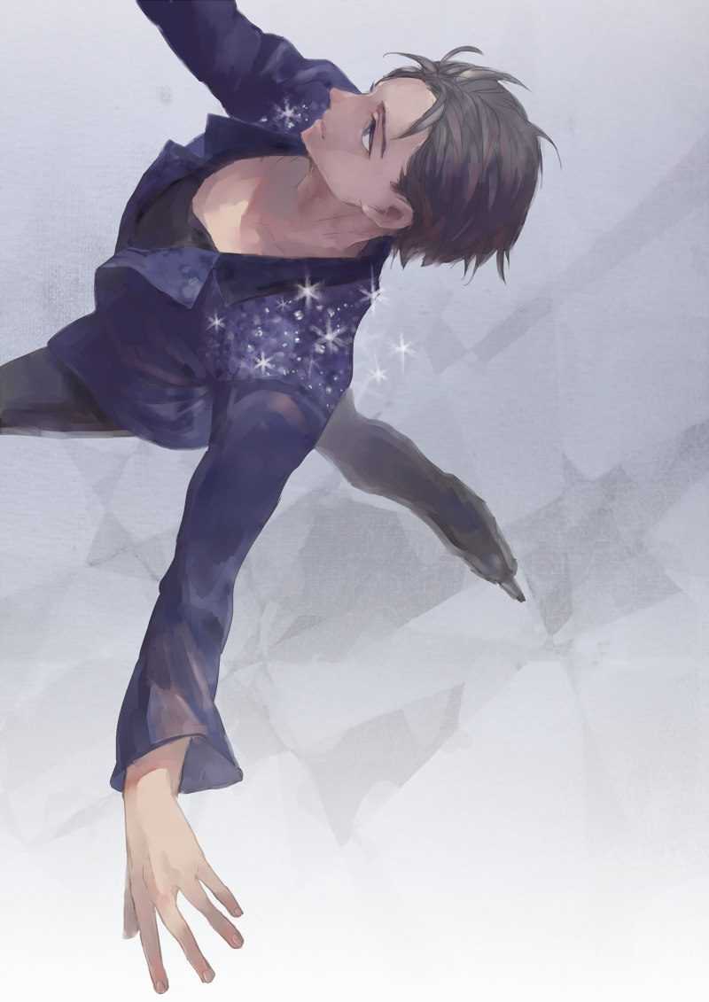 1boy \o/ arms_up black_hair black_pants collarbone dancing ice_skates ice_skating katsuki_yuuri male_focus motsu_(fujimoto) on_ice outstretched_arms pants purple_shirt shirt short_hair skates skating solo sparkle yuri!!!_on_ice