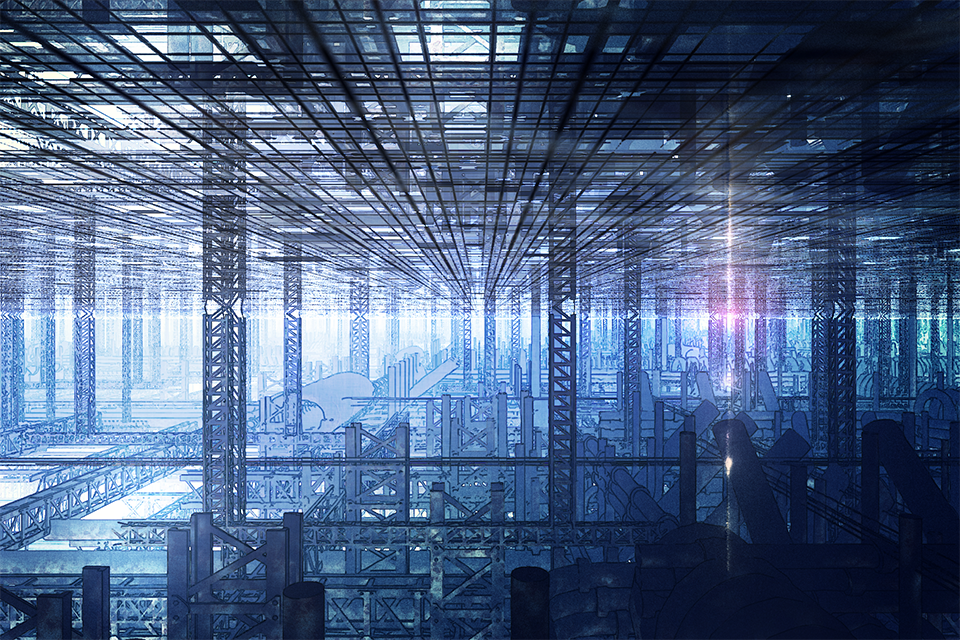 commentary_request construction construction_site indoors industrial no_humans scaffolding sparkle waisshu_(sougyokyuu)