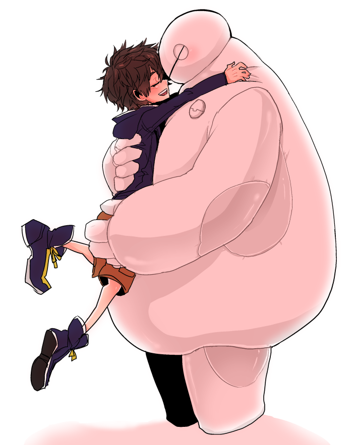 1boy baymax big_hero_6 blue_footwear blue_hoodie brown_hair brown_shorts closed_eyes hand_on_another&#039;s_ass hand_on_another&#039;s_back hand_on_another&#039;s_shoulder haoro hiro_hamada hood hood_down hoodie hug messy_hair open_mouth robot short_hair shorts smile teeth upper_teeth_only white_background