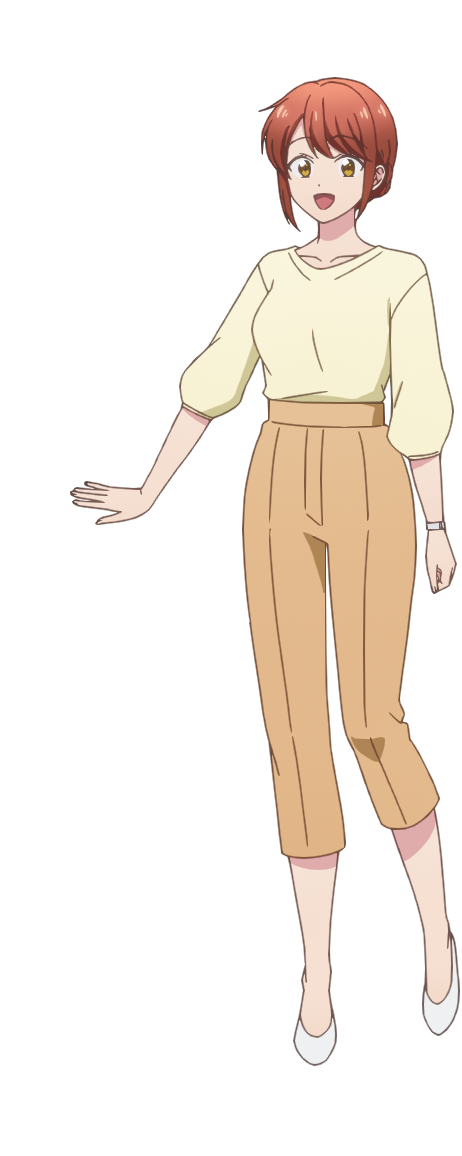 1girl :d anime_coloring arm_at_side brown_pants capri_pants collarbone high_heels kono_kaisha_ni_suki_na_hito_ga_imasu looking_at_viewer mitsuya_yui no_socks official_art open_mouth orange_eyes pants red_hair shirt shirt_tucked_in shoes short_hair smile solo standing swept_bangs three-quarter_sleeves transparent_background watch white_shoes wristwatch yellow_shirt