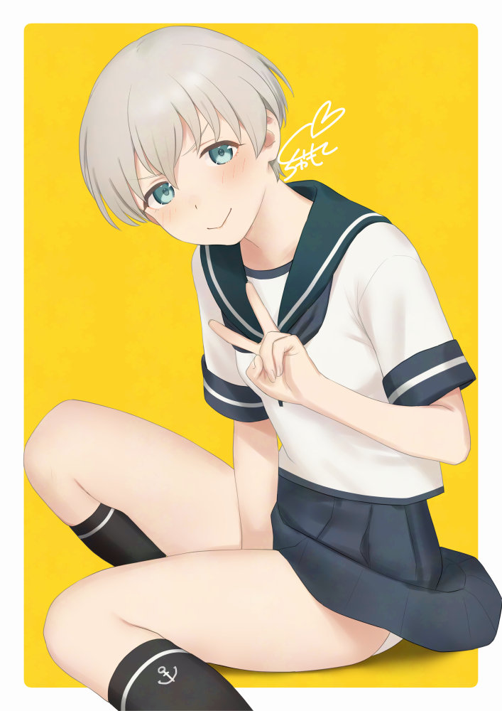 1girl adversarial_noise anchor_symbol between_legs black_socks blue_eyes blue_neckerchief blue_skirt blush border commentary_request cosplay fubuki_(kancolle) fubuki_(kancolle)_(cosplay) green_sailor_collar hair_between_eyes hand_between_legs kantai_collection knee_up kneehighs looking_at_viewer neckerchief outside_border panties rounded_corners sailor_collar sakiecho school_uniform serafuku shirt short_hair short_sleeves signature simple_background sitting skindentation skirt smile socks solo thighs underwear v white_border white_hair white_panties white_shirt yellow_background z1_leberecht_maass_(kancolle)