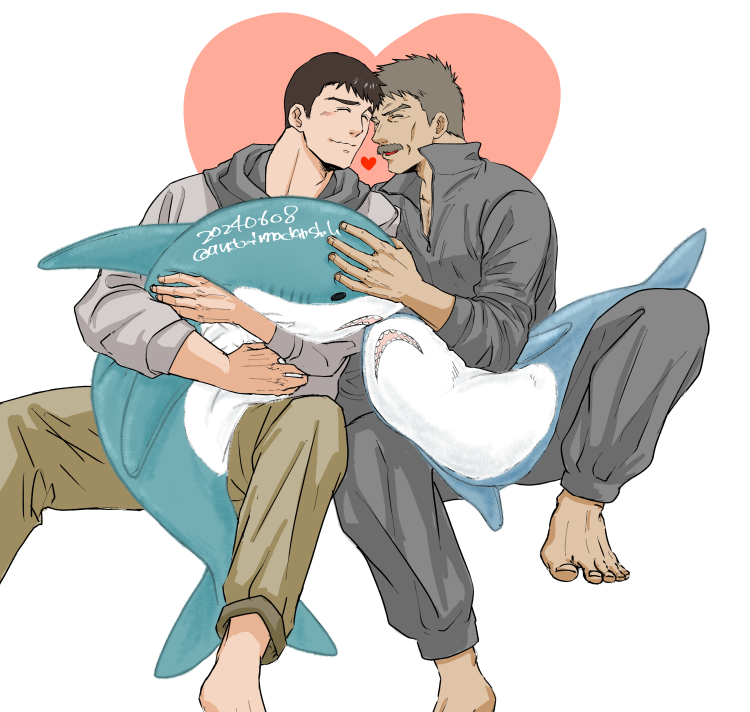 2boys alternate_costume ando_imodanshak bara barefoot blush cheekbones couple face-to-face facial_hair grey_hair happy heart heart_background male_focus mature_male multiple_boys mustache pajamas ryuji_satake short_hair stuffed_animal stuffed_shark stuffed_toy thick_eyebrows thick_mustache thomas_j._prahmman yaoi yuuki_bakuhatsu_bang_bravern