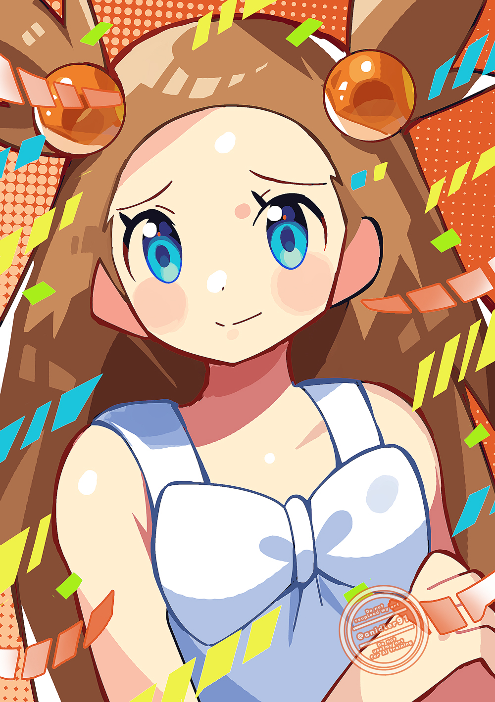 1girl anidler91 bare_shoulders blue_eyes bow brown_hair closed_mouth dress hair_ornament highres jasmine_(pokemon) long_hair looking_at_viewer nintendo pokemon pokemon_gsc sleeveless sleeveless_dress smile solo upper_body white_bow white_dress