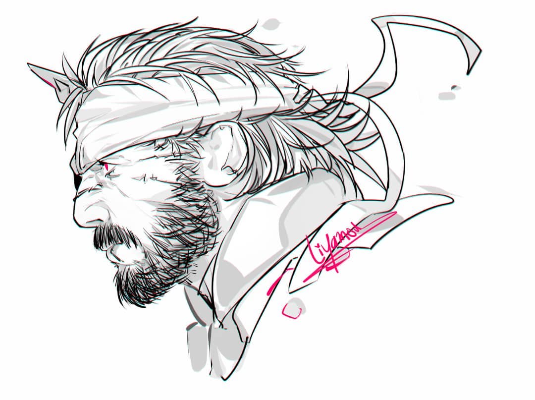 1boy beard cropped_head facial_hair from_side full_beard greyscale hair_slicked_back headband liyamou looking_ahead looking_at_viewer male_focus mature_male metal_gear_(series) metal_gear_solid_v:_the_phantom_pain monochrome mustache profile scar serious short_hair solo spot_color thick_mustache tsurime venom_snake