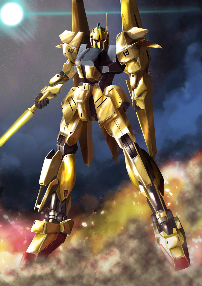 energy_sword debris fire flare gundam highres hyaku_shiki i.t.o_daynamics lens_flare machinery mecha radio_antenna robot science_fiction smoke space sparks star_(symbol) star_symbol_background sun zero_gravity zeta_gundam