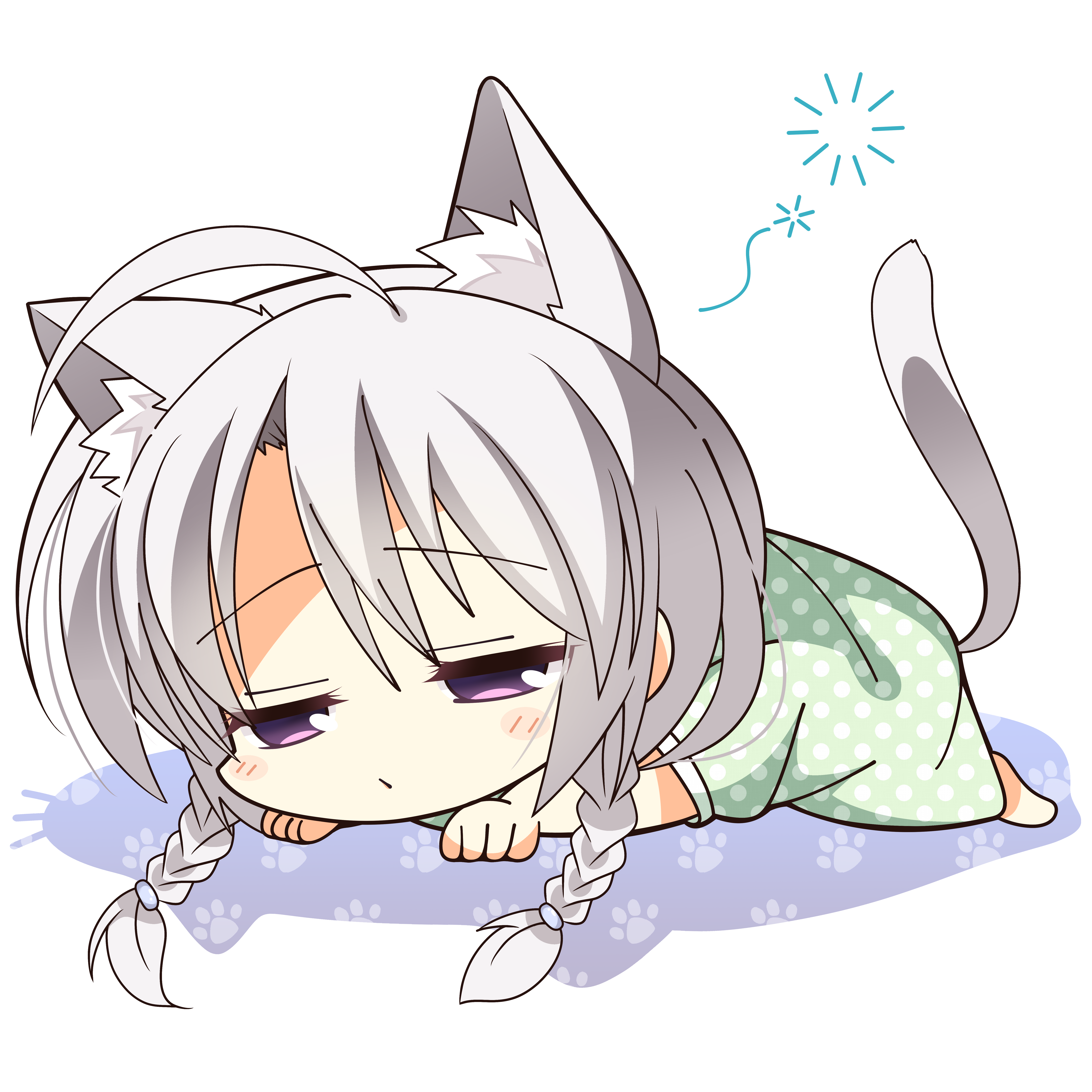 absurdres ahoge animal_ear_fluff animal_ears ayachi_nene blush braid cat_ears cat_girl cat_tail chibi highres kaon_zz long_hair long_sleeves lying on_ground on_stomach open_mouth pajamas paw_print purple_eyes sanoba_witch simple_background sleepy tail translated twintails white_background white_hair