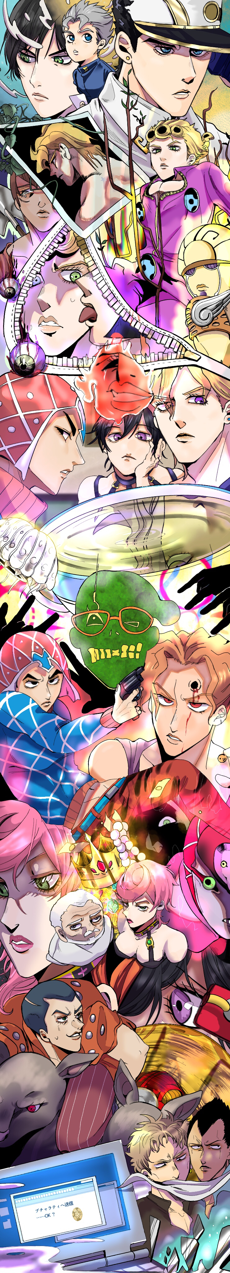 418monami absurdres baby_face_(stand) blood blood_on_face bullet carne_(jojo) computer crown cup diavolo dio_brando dog eyeball formaggio gelato_(jojo) giorno_giovanna gold_experience guido_mista gun handgun haruno_shiobana highres jellyfish jewelry jojo_no_kimyou_na_bouken king_crimson kuujou_joutarou ladybug_ornament long_image luca_(jojo) mario_zucchero mirror multiple_persona narancia_ghirga necklace pannacotta_fugo pee phone photo_(object) plant revolver sale_(jojo) sorbet_(jojo) standing tall_image teacup tears tree trish_una vento_aureo vines weapon zipper