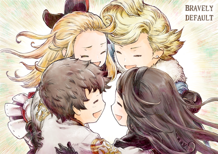 2boys 2girls :d agnes_oblige black_hairband blonde_hair bravely_default:_flying_fairy bravely_default_(series) brown_hair closed_eyes copyright_name earrings edea_lee fur_trim gloves hairband hug jewelry long_hair multiple_boys multiple_girls open_mouth pompadour ringabel shirt short_hair smile tiz_arrior usakura white_shirt