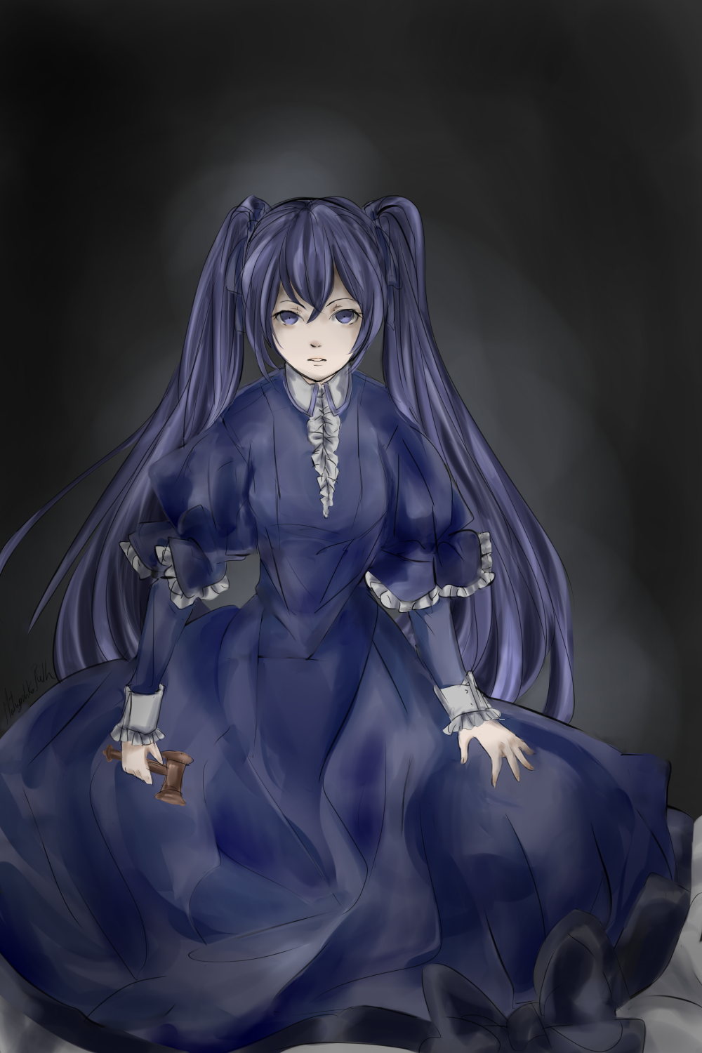 1girl blank_stare blue_dress blue_eyes blue_hair clockworker&#039;s_doll commentary dress empty_eyes evillious_nendaiki expressionless female_focus frilled_dress frills gavel hair_ribbon hatsune_miku heartbeat_clocktower_(vocaloid) highres houtei_no_nushi long_hair looking_at_viewer matryoshka-ruth pale_skin ribbon simple_background solo twintails very_long_hair vocaloid
