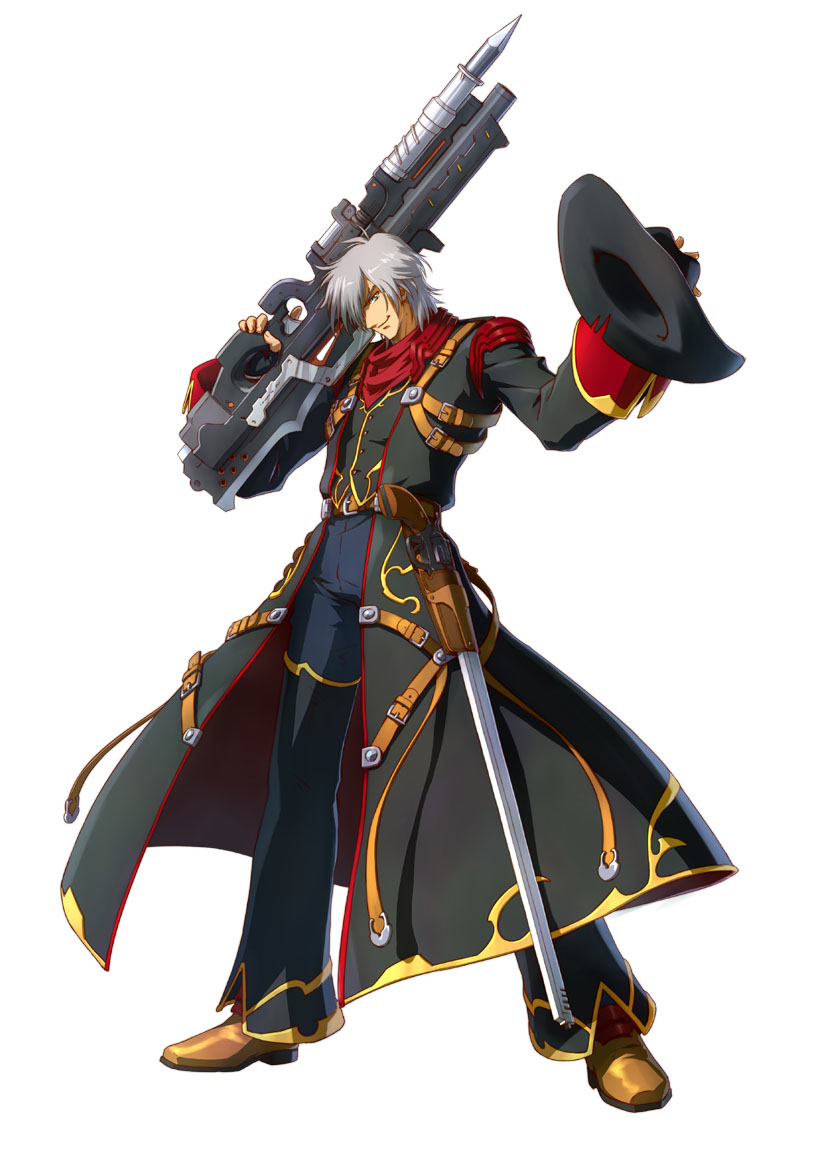 1boy assault_rifle banpresto blue_eyes cowboy_hat fingerless_gloves gloves gun hair_over_one_eye handgun harken_browning hat unworn_hat unworn_headwear holster huge_weapon long_barrel long_coat male_focus official_art pile_bunker project_x_zone revolver rifle silver_hair smile solo super_robot_wars super_robot_wars_og_saga_mugen_no_frontier trigger_discipline weapon