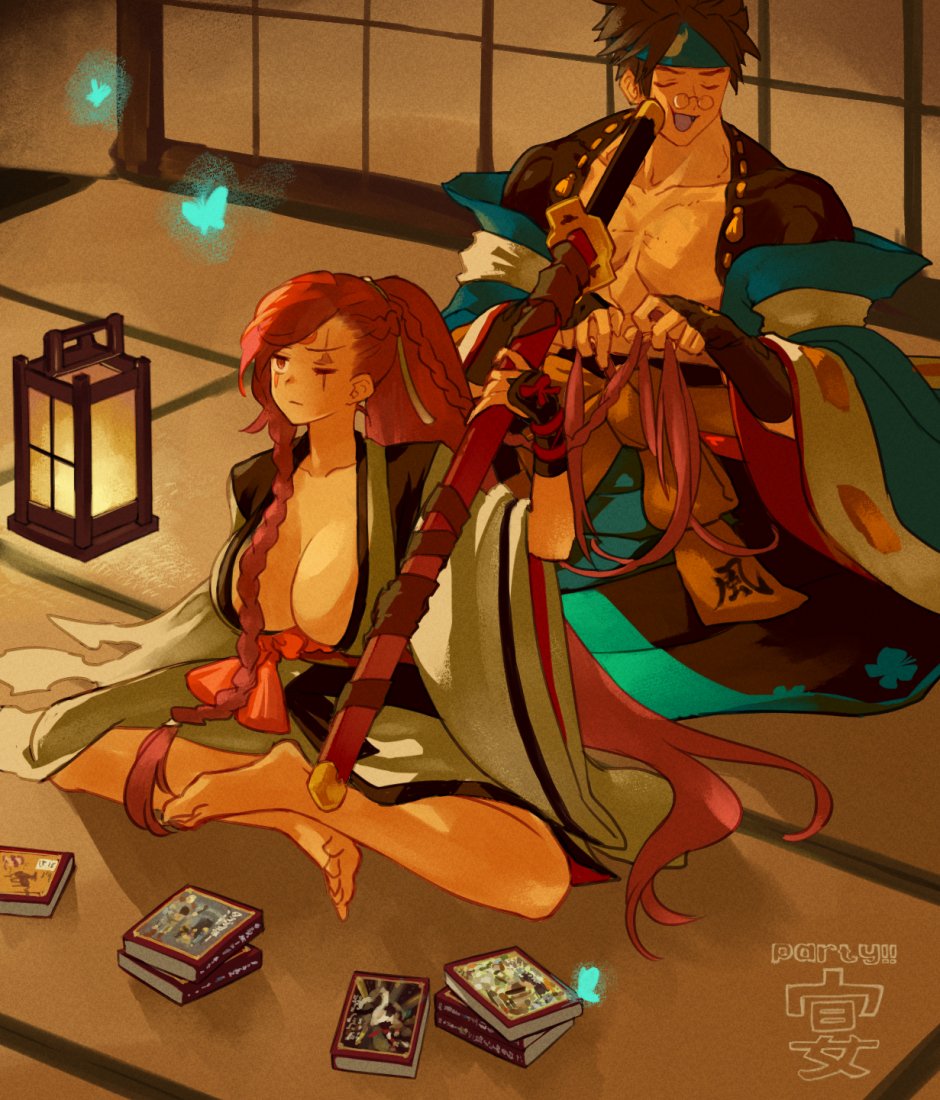 1boy 1girl alternate_hairstyle amputee arm_guards baiken barefoot big_hair blue_butterfly blue_headband book book_stack braid breasts bug butterfly cleavage closed_mouth commentary_request from_above guilty_gear hair_over_shoulder hair_spread_out headband indian_style insect jako_(toyprn) japanese_clothes kataginu katana kimono lantern large_breasts long_hair mito_anji multicolored_kimono obi one-eyed open_mouth pectorals ponytail red_hair samurai sash scar scar_across_eye scar_on_face sheath sheathed short_hair shouji sitting sliding_doors sword tassel tatami very_long_hair weapon wide_sleeves