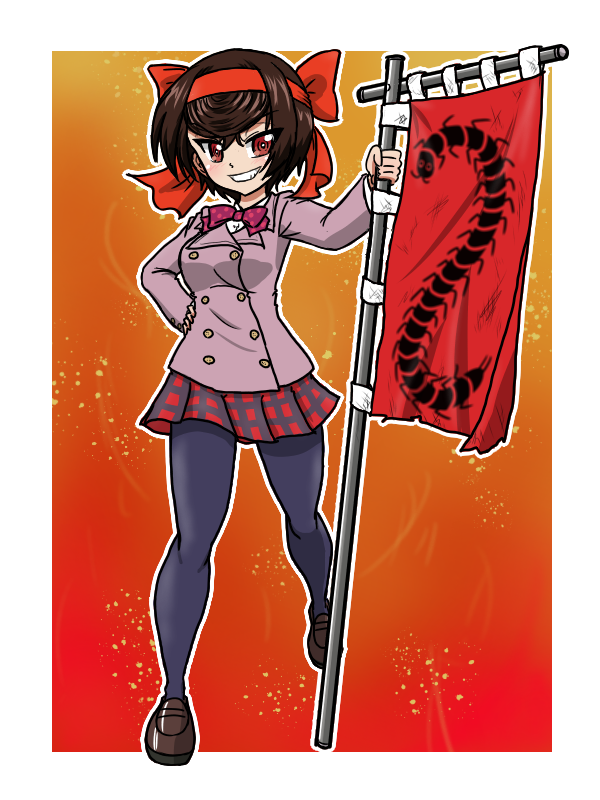 1girl black_pantyhose bow bowtie brown_footwear brown_hair centipede_print collared_shirt embers fire flagpole girls_und_panzer girls_und_panzer_ribbon_no_musha hair_ribbon hand_on_own_hip jacket looking_at_viewer pantyhose purple_bow purple_jacket red_background red_eyes red_flag red_ribbon ribbon school_uniform shirt short_hair smile smirk standing takahashi_kurage tatenashi_high_school_uniform tsuruki_shizuka white_shirt