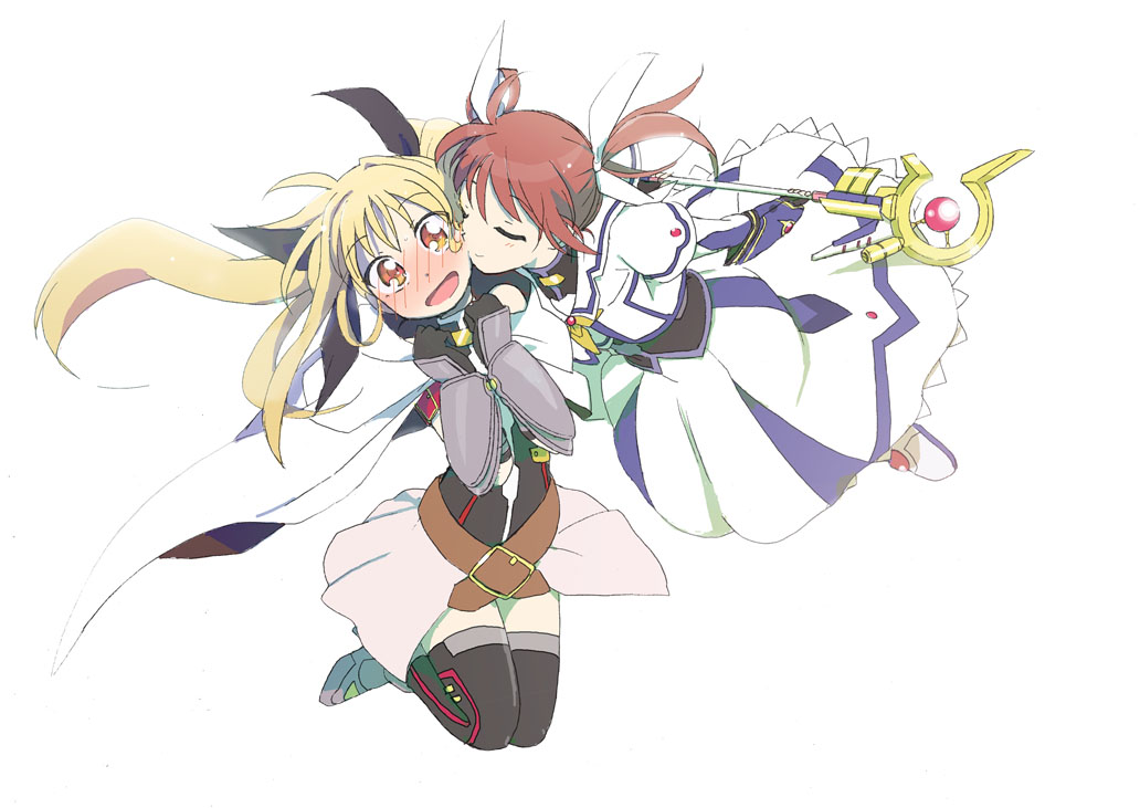 00s 2girls bad_id bad_pixiv_id blonde_hair blush brown_hair fate_testarossa fate_testarossa_(blaze_form) hair_ribbon imminent_kiss long_hair lyrical_nanoha mahou_shoujo_lyrical_nanoha multiple_girls raising_heart raising_heart_(accel_mode)_(2nd) red_eyes ribbon sari_(ugogome) simple_background takamachi_nanoha takamachi_nanoha_(exelion_mode) tears very_long_hair white_background yuri