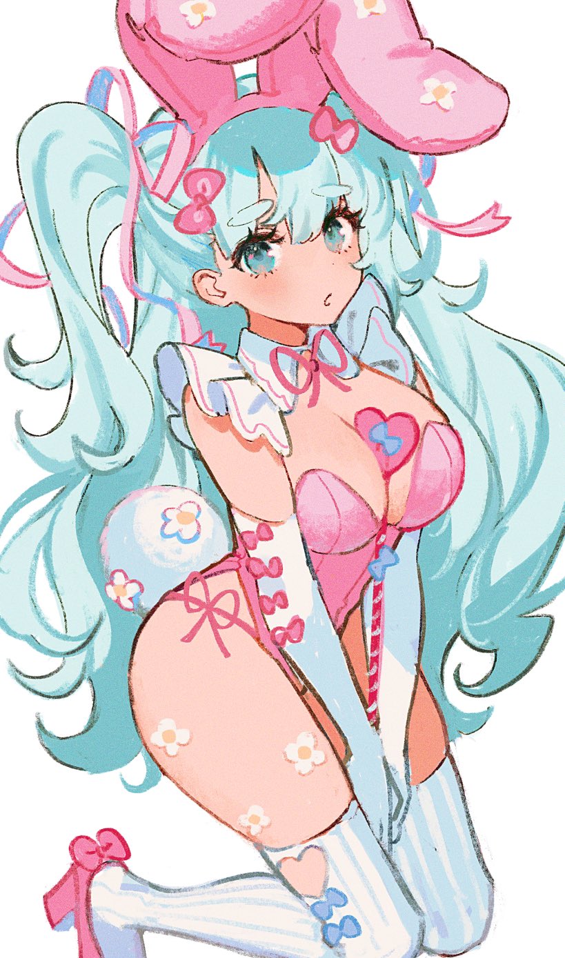 1girl :o alternate_costume aqua_eyes aqua_hair breasts clothing_cutout detached_sleeves flower hatsune_miku heart_cutout highres kneeling large_breasts leotard long_hair miyako_(xxxbibit) playboy_bunny thighhighs twintails white_background