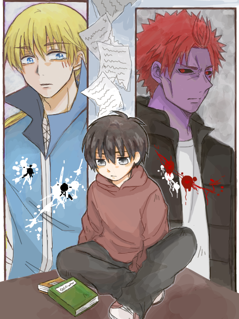 3boys black_hair blonde_hair blue_eyes book colored_skin darren_shan glalda green_eyes kurda_smahlt long_hair multiple_boys ponytail purple_skin red_hair short_hair the_saga_of_darren_shan utani_(longelover)