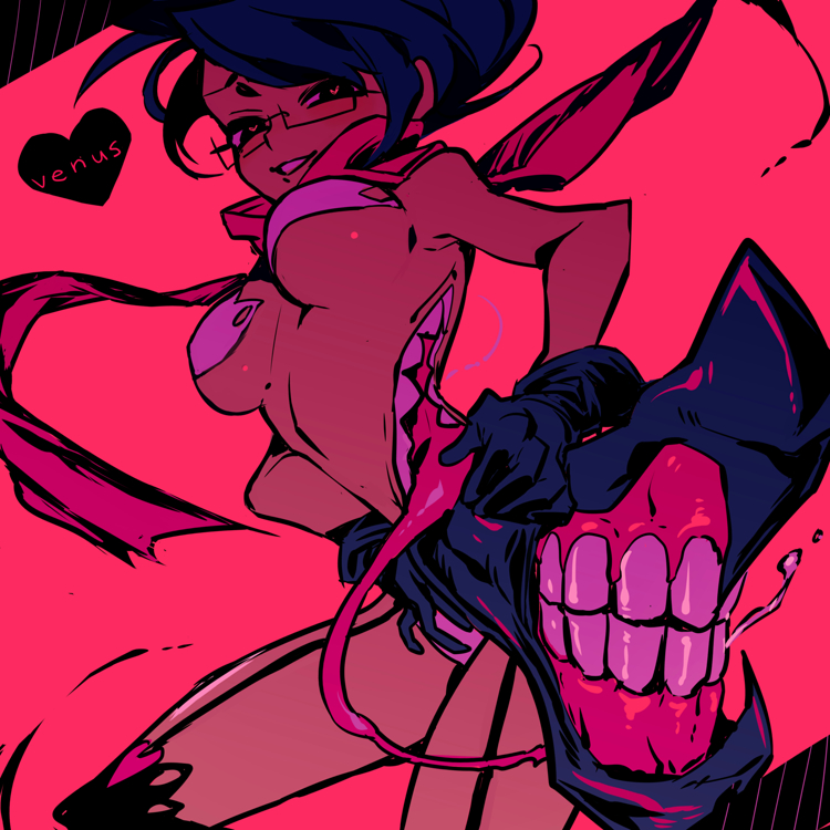 1girl black_hair breasts character_name extra_mouth garter_straps glasses gloves heart heart-shaped_pupils looking_at_viewer looking_down open_mouth pink_background saliva scarf skullgirls smile solo symbol-shaped_pupils underboob venus_(skullgirls) yojio_(2188)
