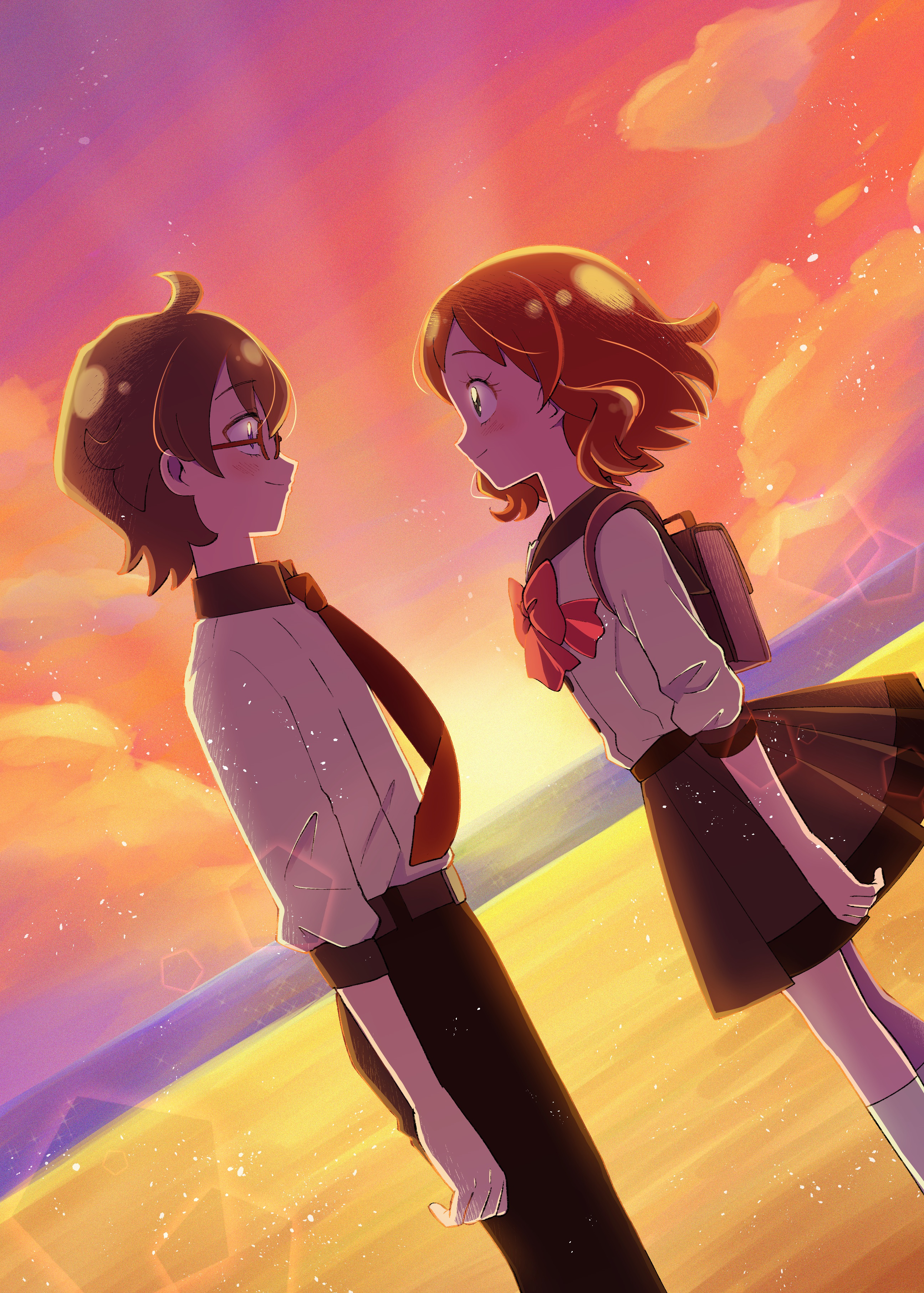 1boy 1girl absurdres bag beach belt blush bow bowtie brown_belt brown_hair brown_pants brown_sailor_collar brown_skirt buttons closed_mouth cloud cloudy_sky collared_shirt commentary couple cowlick dutch_angle feet_out_of_frame from_side glasses gradient_sky hair_between_eyes highres hinoki_(91011) horizon inukai_iroha light_particles looking_at_another necktie non-circular_lens_flare ocean orange_hair orange_sky pants pink_bow pink_bowtie pleated_skirt precure red-framed_eyewear red_necktie sailor_collar sand school_bag school_uniform second_wangan_school_uniform serafuku shirt short_hair short_hair_with_long_locks skirt sky smile socks standing sun sunset three-quarter_sleeves toyama_satoru white_shirt white_socks wonderful_precure!