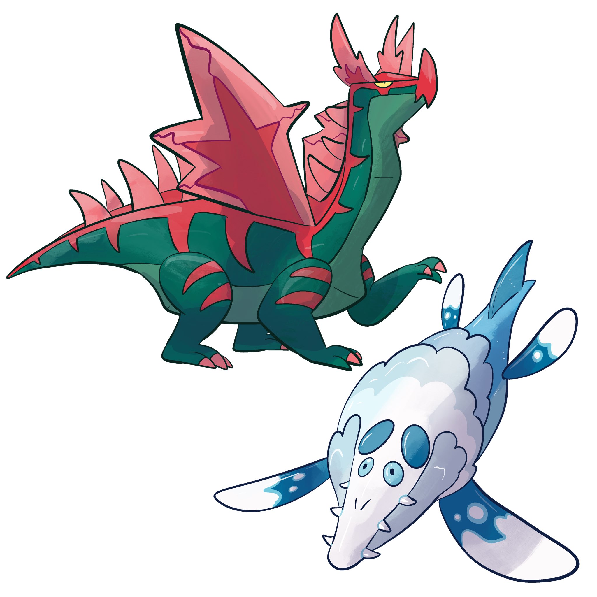 alternate_universe arctovish arctozolt blue_eyes dinosaur dracovish dracozolt dragon gen_8_pokemon highres j_stocky mosasaurus nintendo no_humans pokemon pokemon_(creature) simple_background white_background yellow_eyes