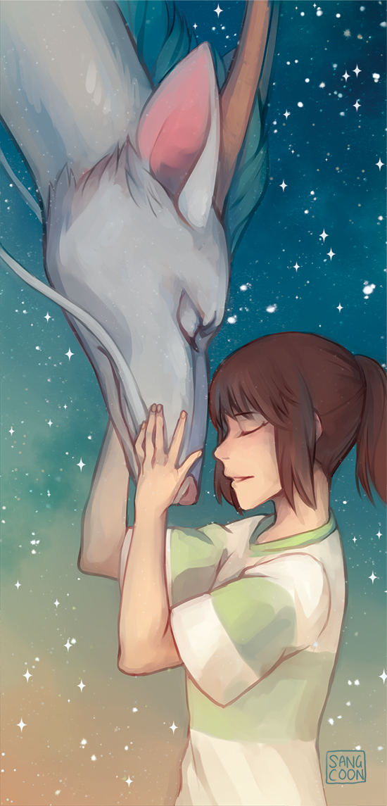 00s 1girl artist_name brown_hair dragon closed_eyes from_side haku ogino_chihiro ponytail sangcoon sen_to_chihiro_no_kamikakushi shirt signature sky star_(sky) starry_sky studio_ghibli t-shirt whiskers