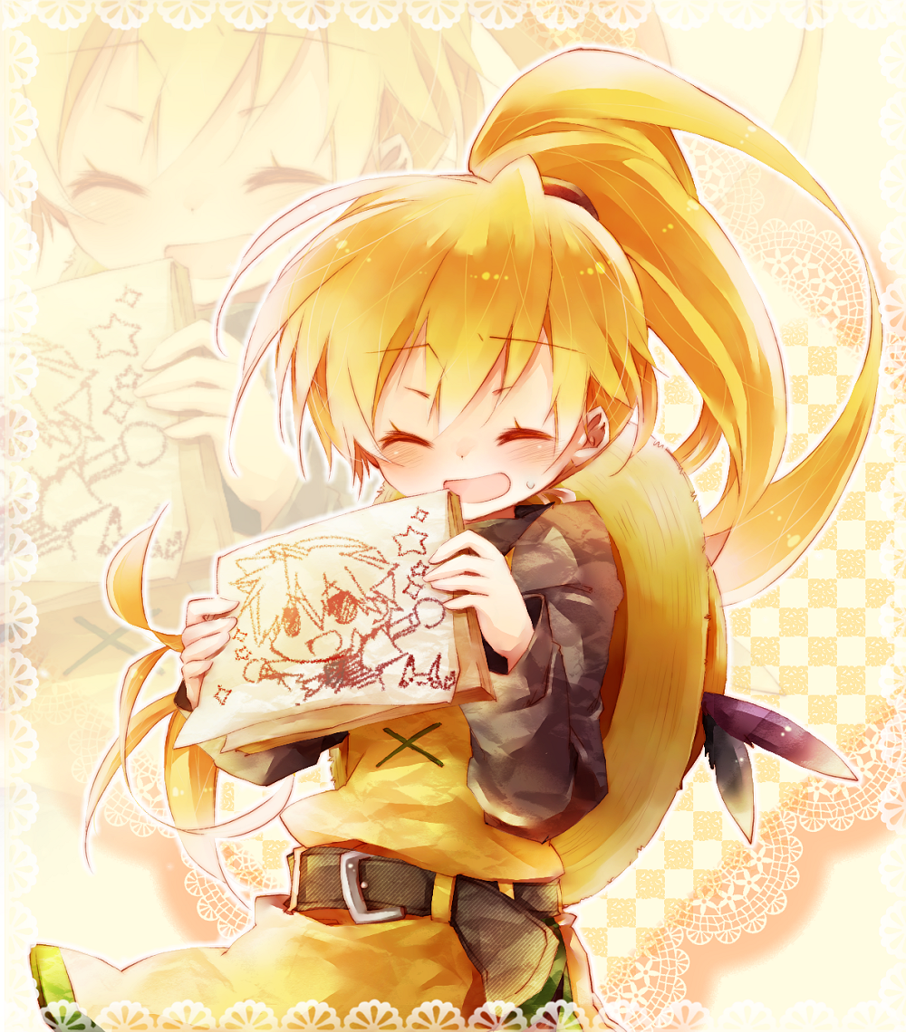 1boy 1girl amamiya_kabosu belt blonde_hair closed_eyes drawing feathers gen_1_pokemon hat nintendo pikachu pokemon pokemon_(creature) pokemon_adventures ponytail red_(pokemon) sun_hat unworn_hat unworn_headwear yellow_(pokemon) zoom_layer
