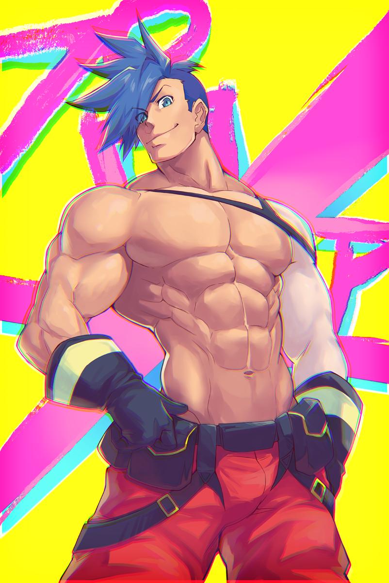 1boy 8_(yamalu) abs bara black_gloves blue_eyes blue_hair closed_mouth galo_thymos gloves highres large_pectorals looking_at_viewer male_focus muscular muscular_male navel nipples pants pectorals promare red_pants short_hair single_bare_shoulder smile solo spiked_hair