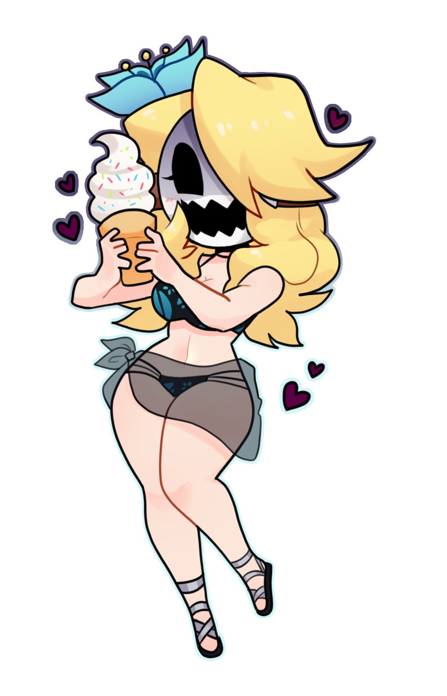 1girl 2022 :d bare_legs bare_shoulders bikini black_sandals blonde_hair blue_bikini borrowed_character breasts chibi choker cleavage collarbone commentary commission crazy_smile english_commentary female_focus floating food hair_over_one_eye happy heart highres holding holding_food holding_ice_cream holding_ice_cream_cone ice_cream ice_cream_cone large_breasts locket_white_(bakalorin) mario_(series) multi-strapped_bikini_bottom navel nintendo open_mouth original sandals sarong see-through_clothes shaded_face shy_gal simple_background smile solo swept_bangs swimsuit thick_thighs thighs variant_set variations white_background white_mask yellow_choker yuunkurosu
