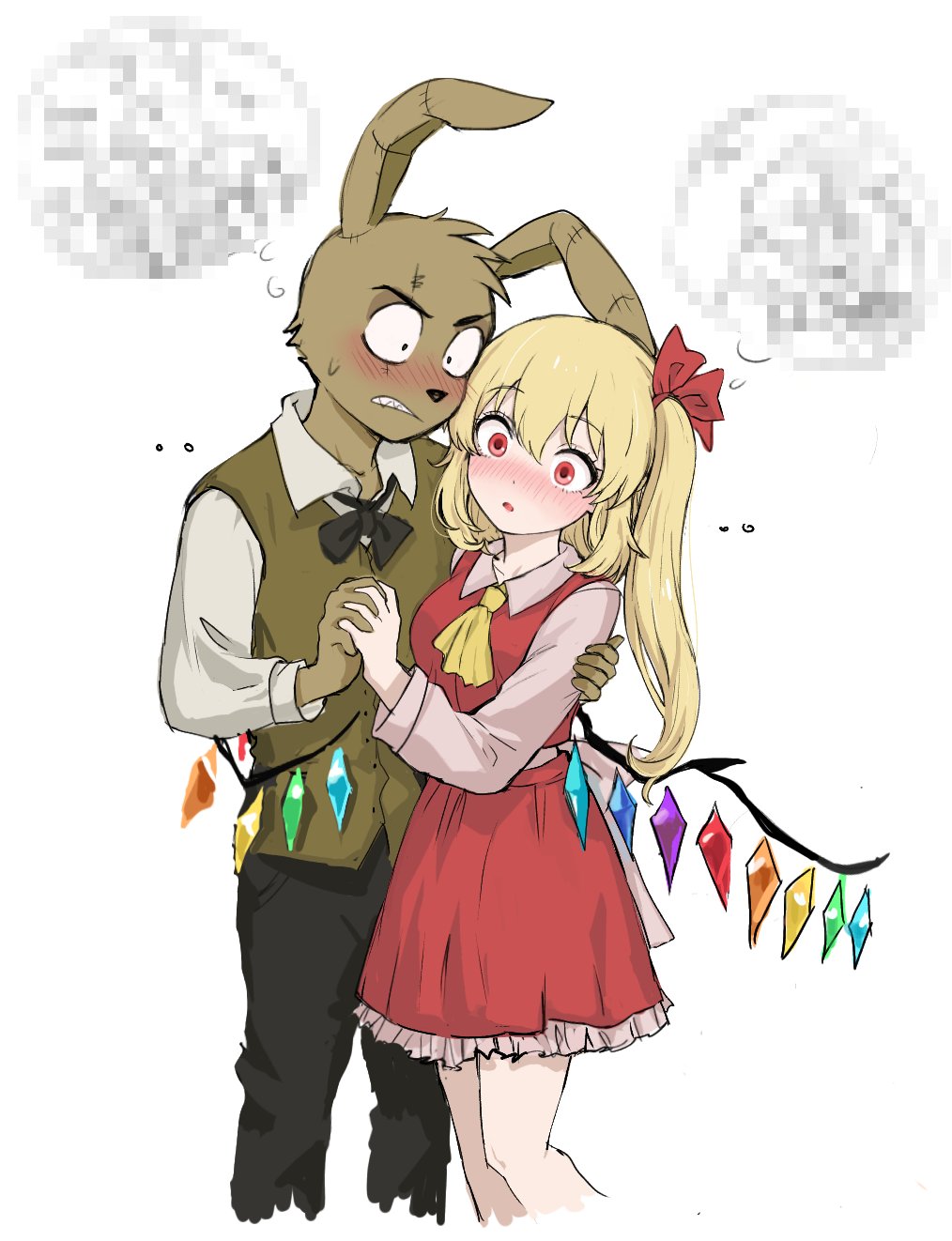 1boy 1girl ^^^ animal_ears animal_nose ascot back_bow belt black_bow black_bowtie black_eyes black_pants blonde_hair blush bow bowtie brown_fur brown_vest censored collared_shirt commentary cowboy_shot crossover crystal_wings dancing dress english_commentary five_nights_at_freddy&#039;s flandre_scarlet flying_sweatdrops frills furry furry_male hair_between_eyes hair_ribbon hetero highres himuhino holding_hands long_hair long_sleeves looking_at_another mosaic_censoring multicolored_wings nervous no_headwear one_side_up open_mouth pants pinafore_dress plushtrap pointy_ears puffy_long_sleeves puffy_sleeves rabbit_boy rabbit_ears red_dress red_eyes red_ribbon ribbon sharp_teeth shirt simple_background sleeveless sleeveless_dress speech_bubble standing sweatdrop teeth thought_bubble touhou v-shaped_eyebrows vest white_background white_belt white_bow white_shirt wings yellow_ascot