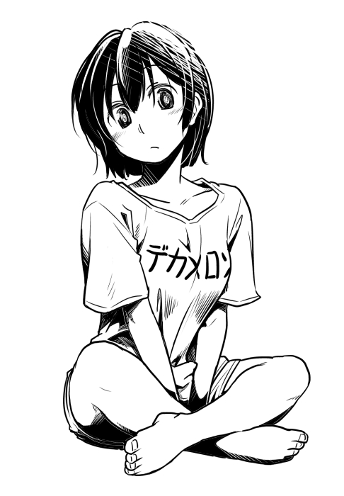 1girl barefoot character_request clothes_writing female_focus full_body greyscale indian_style looking_at_viewer monochrome original shirt short_hair shun_(rokudena-shi) simple_background sitting sketch solo translation_request v_arms white_background