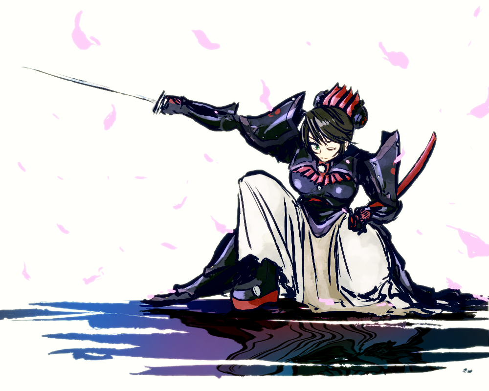 1girl ar_tonelico ar_tonelico_i armor armored_dress black_hair breastplate drawfag dress female_focus green_eyes hair_ornament long_skirt misha_arsellec_lune on_one_knee one_eye_closed pauldrons petals scabbard sheath shoulder_armor skirt solo sword weapon