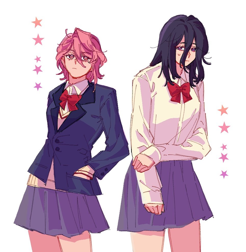 2girls arm_behind_back black_hair blue_jacket blue_skirt bow bowtie closed_mouth collared_shirt cowboy_shot dandadan hair_between_eyes hand_in_pocket hashtag-only_commentary jacket lecii_(vallychie) long_hair long_sleeves miniskirt multiple_girls pink_hair pleated_skirt red_bow red_bowtie school_uniform shiratori_aira_(dandadan) shirt short_hair simple_background skirt sleeves_past_wrists star_(symbol) sweatdrop sweater_vest white_background white_shirt yukishiro_kouki