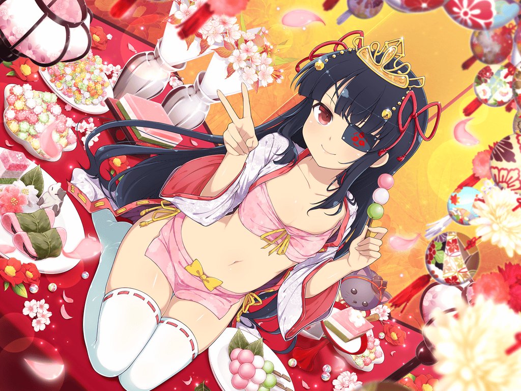 1girl arare_(food) bell black_hair blush bow bra collarbone dango eyepatch flat_chest floral_print flower food gold_headwear hair_bell hair_ornament hair_ribbon headpiece hina_arare hina_ningyou hinadan hinamatsuri hirabitai hishimochi holding holding_food japanese_clothes jingle_bell kimono leaf long_hair looking_at_viewer mirai_(senran_kagura) mitarashi_dango navel official_alternate_costume official_art pelvic_curtain pink_bra pink_flower plate red_eyes red_flower red_ribbon ribbon ribbon-trimmed_thighhighs ribbon_trim senran_kagura senran_kagura_new_link senran_kagura_shoujo-tachi_no_shin&#039;ei side_slit smile solo tassel thighhighs tomoe_(symbol) underwear v vase wagashi white_flower white_kimono white_thighhighs yaegashi_nan yellow_bow yellow_ribbon