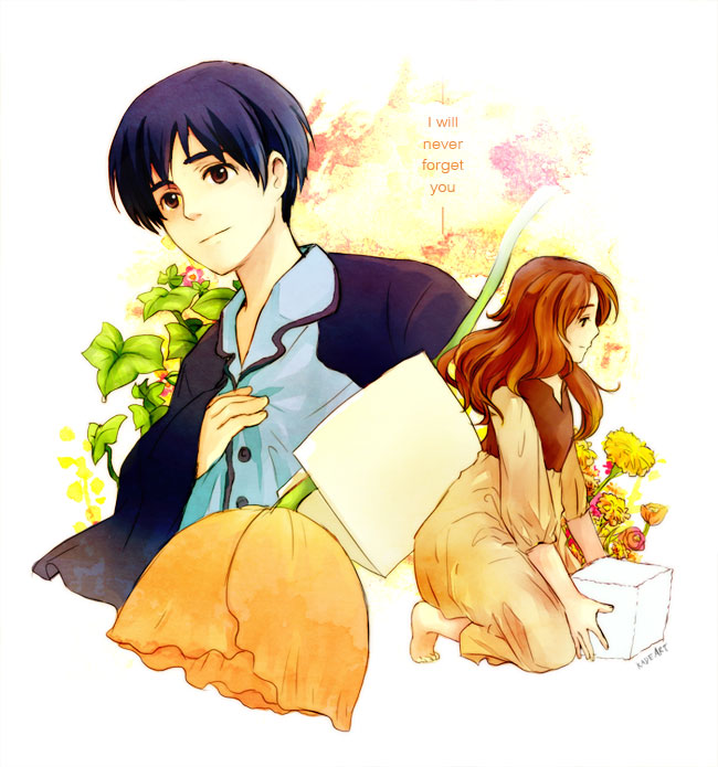 10s 1boy 1girl arrietty english_text flower hair_down kadeart karigurashi_no_arrietty kneeling leaf mini_person minigirl shou_(karigurashi_no_arrietty) studio_ghibli sugar_cube