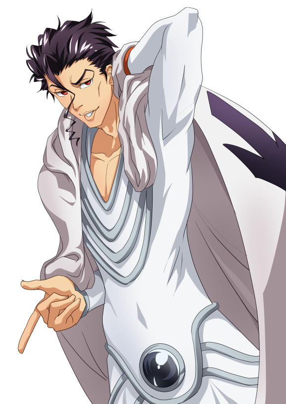 1boy anime_coloring arms_behind_head askin_nakk_le_vaar bleach bleach:_sennen_kessen-hen cloak collarbone commentary cowboy_shot dutch_angle hair_between_eyes index_finger_raised lips long_sleeves looking_at_viewer male_focus namakemono_(u446644k) pants parted_lips red_eyes sanpaku shirt short_hair simple_background smile solo v-shaped_eyebrows white_background white_cloak white_pants white_shirt