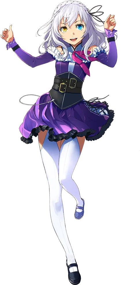 1girl :d black_footwear blue_eyes blue_footwear braid doll_joints downscaled dress eiyuu_densetsu enami_katsumi heterochromia joints kai_no_kiseki kuro_no_kiseki_(series) lapis_rosenberg leggings official_art open_mouth pink_ribbon purple_dress purple_sleeves resized ribbon smile solo third-party_source turtleneck turtleneck_dress white_hair white_leggings yellow_eyes