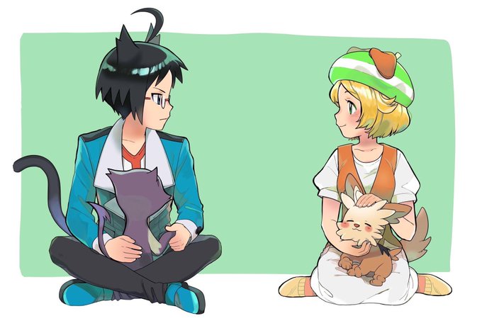 1boy 1girl ahoge animal_ears bianca_(pokemon) black_hair blonde_hair border cat_ears cat_tail cheren_(pokemon) collarbone dog_ears dog_tail gen_5_pokemon glasses lillipup looking_at_another nashubi_(to_infinity_wow) nintendo outside_border petting pokemon pokemon_(creature) pokemon_bw purrloin sitting smile tail white_border