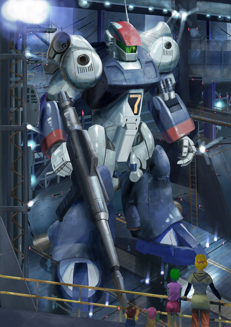 1980s_(style) 1boy 3girls antennae bad_id bad_pixiv_id beam_rifle blouse catwalk damaged derivative_work energy_gun ginga_hyouryuu_vifam hair_ribbon i.t.o_daynamics mecha multiple_girls official_style oldschool realistic retro_artstyle ribbon robot science_fiction shirt short_twintails shorts spacecraft_interior suspenders twintails vifam weapon